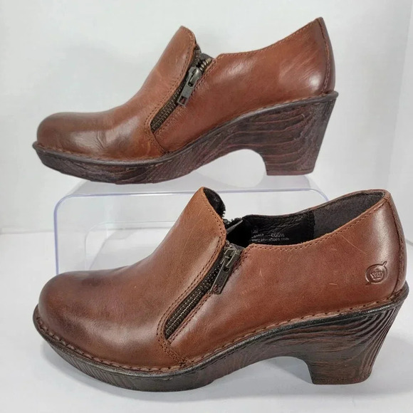Born Womens 10 Brown Elliot Heeled Zipper Clogs‎ Mules Normcore Academia Casual - Picture 2 of 13